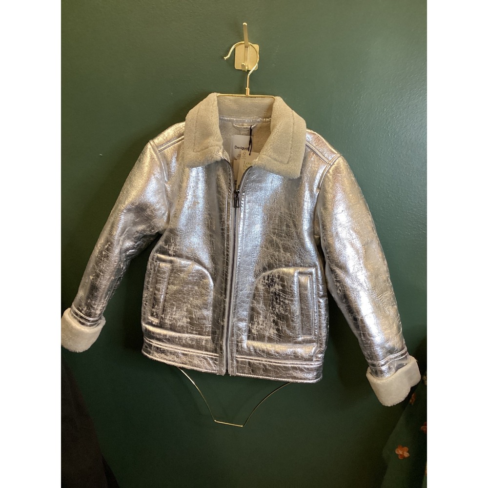 Desigual Silver Metallic Aviator Jacket Kids Size‎ 9/10 NWT Faux Shearling Biker